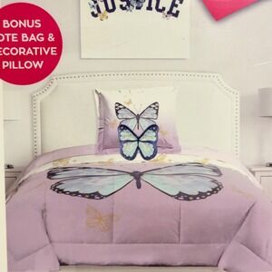 Justice Butterfly Reversible Twin Full Comforter Set Purple Blue Pillow Tote Bag